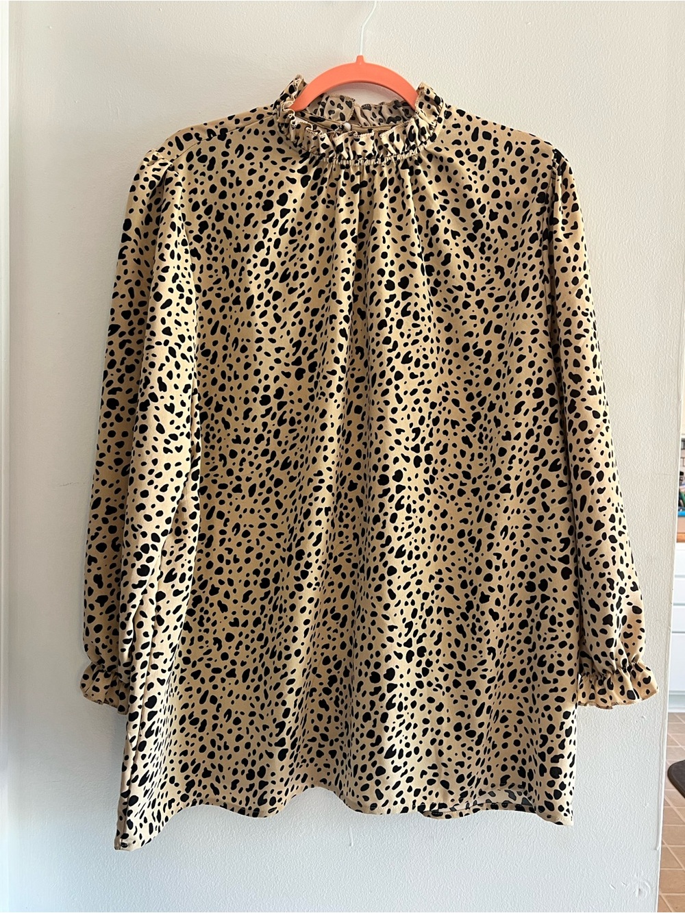 Beige and Black Printed Ruffle-Neck Blouse